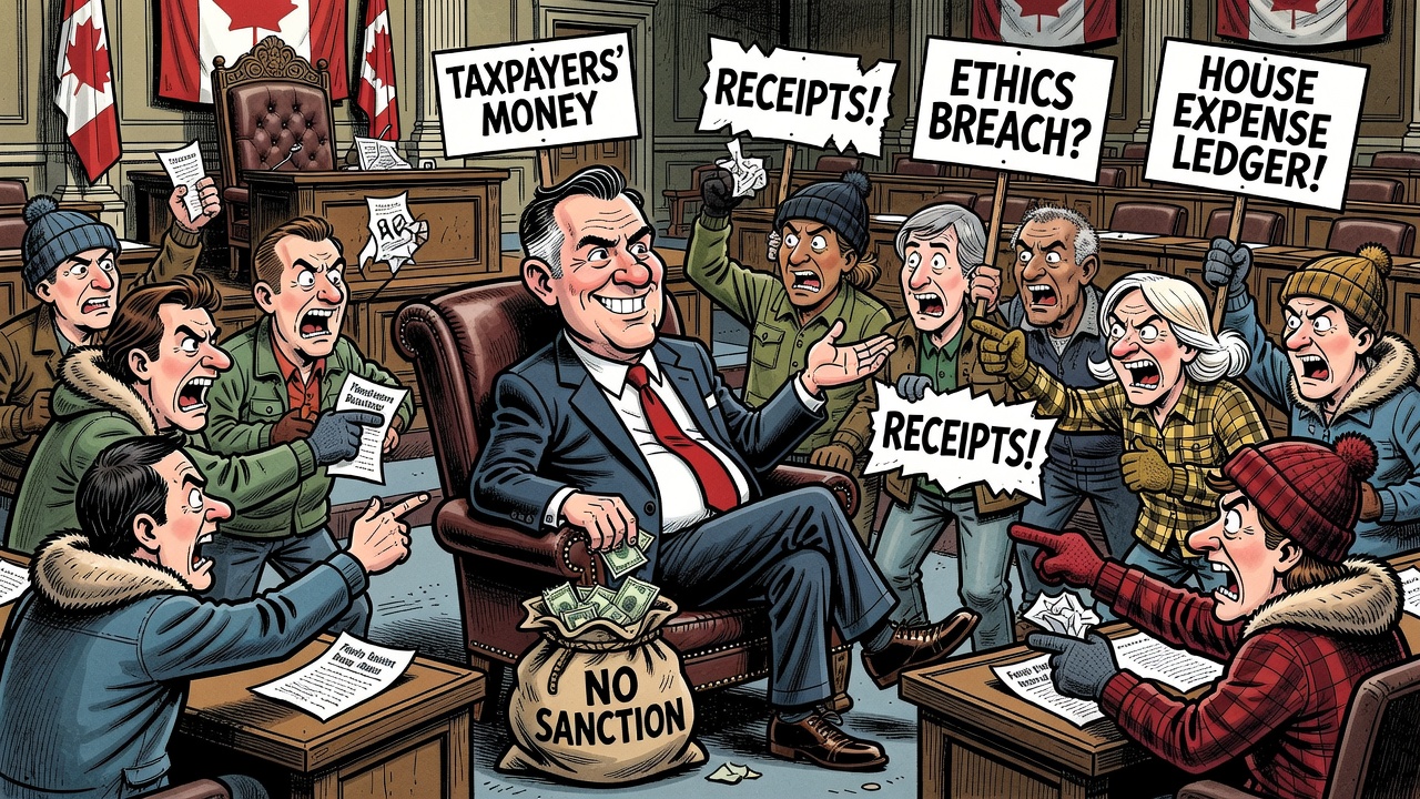 Editorial cartoon showing a no-sanction ethics ledger for MP reimbursements from family businesses while taxpayers demand House expense receipts