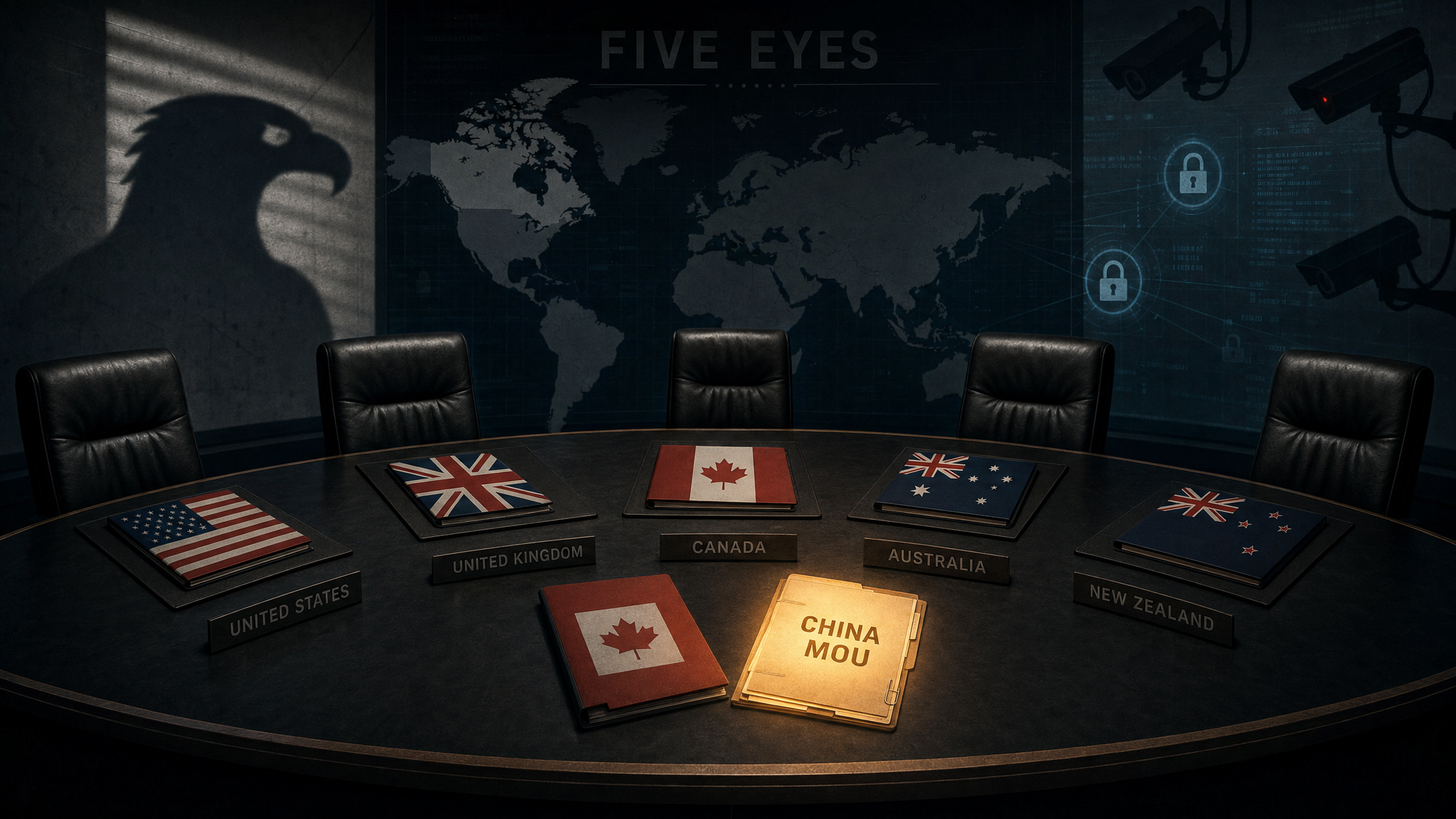 Editorial illustration of Five Eyes security table and China MOU file
